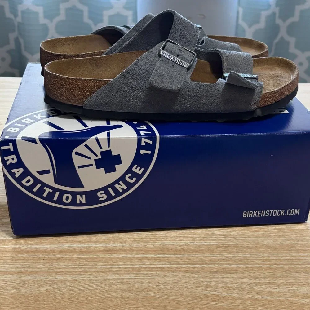 Birkenstock Sandals Arizona Suede Leather Stone Blue Adjustable Strap EUC EU 41